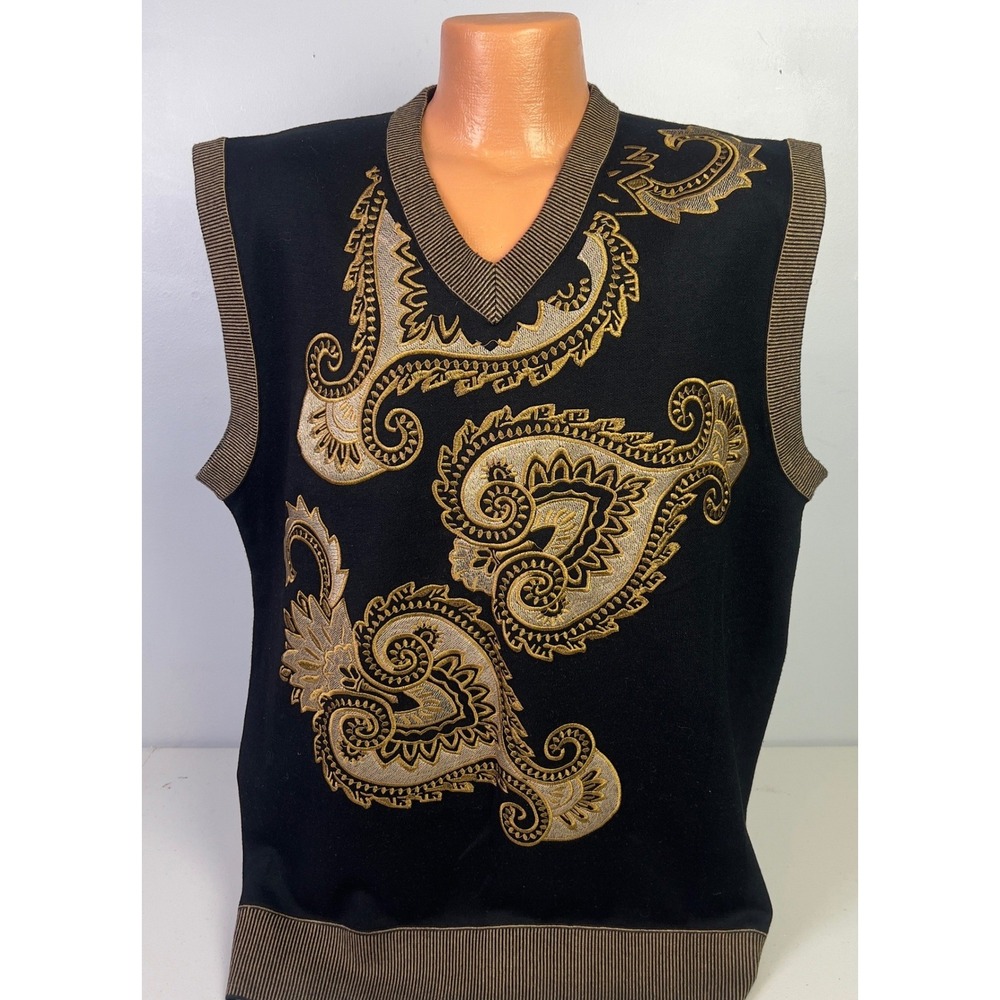 Royal Prestige Sweater Vest Mens 2XL Black Excellent Gold Paisley V-Neck Knit